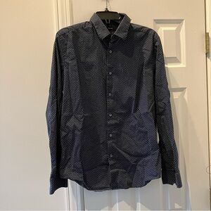 Theory Mens Navy Blue Dots Long Sleeve Collard Shirt (L)